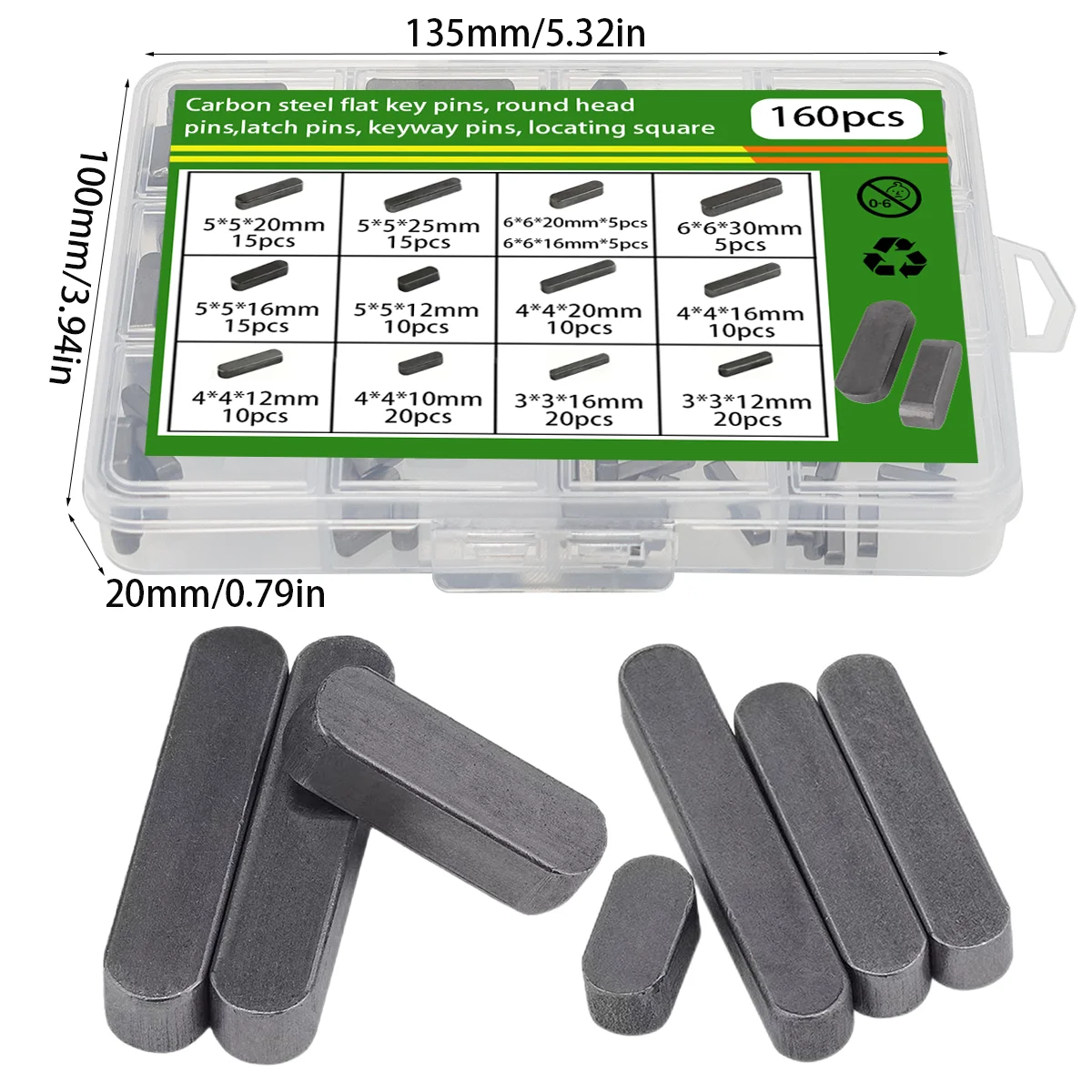 160pcs Carbon Steel Type A Flat Key, Parallel Pin, Square Pin Wheel, Gear, Sprocket Keyway Material for Mechanical Repair