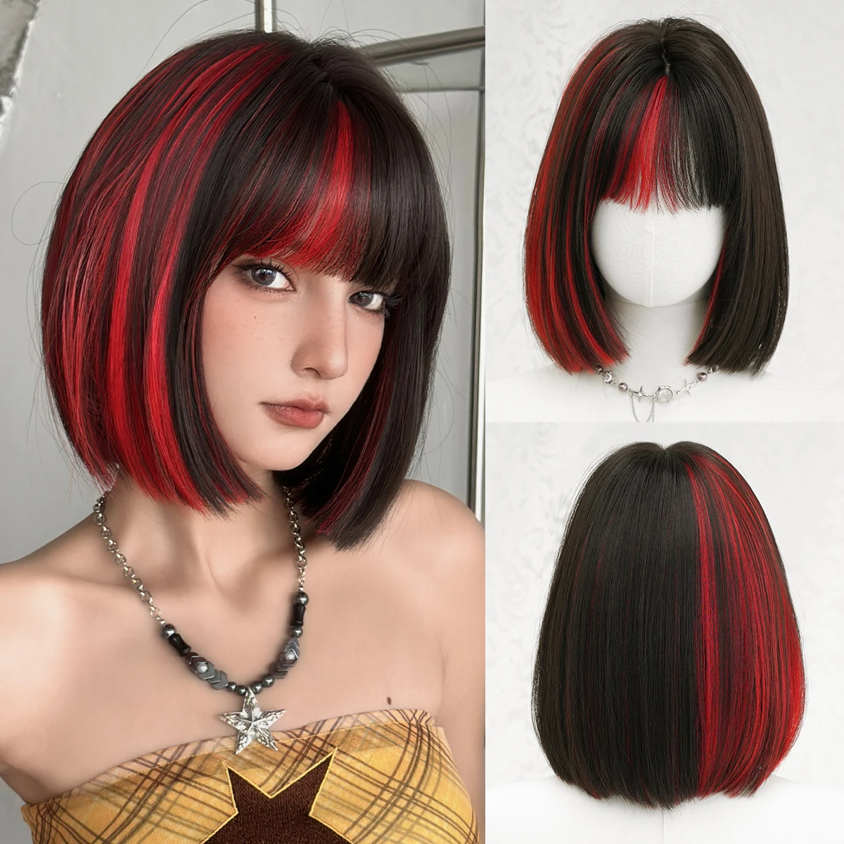 

NAMM Short Straight Highlight Red Black Wigs For Women with Bangs Fluffy Natural Wig Synthetic Heat Resistant Fiber Wigs Use
