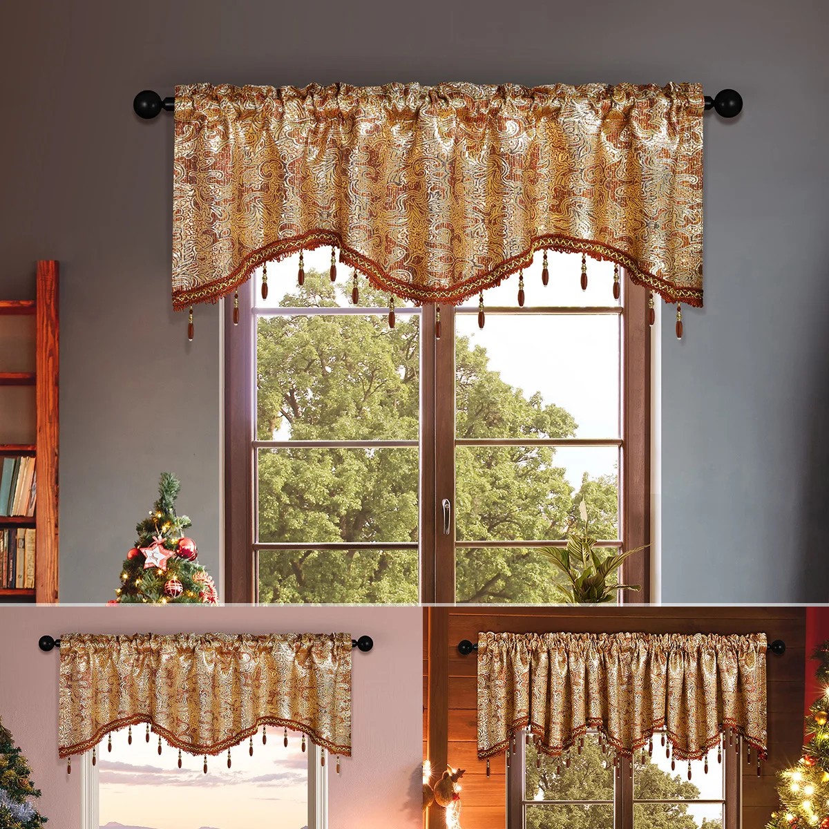 1pc European Luxury Style Jacquard Window Curtain Valance for Living Room，Rod Pocket，Wave Short Curtain for Home Window Decor