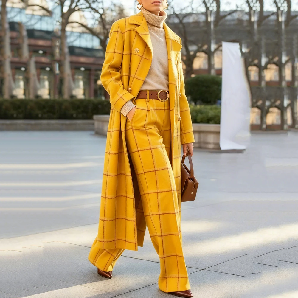 

Модные желтые женские костюмы, комплект из двух предметов, длинное пальто и брюки, двубортный женский шикарный прямой костюм с лацканами на заказ