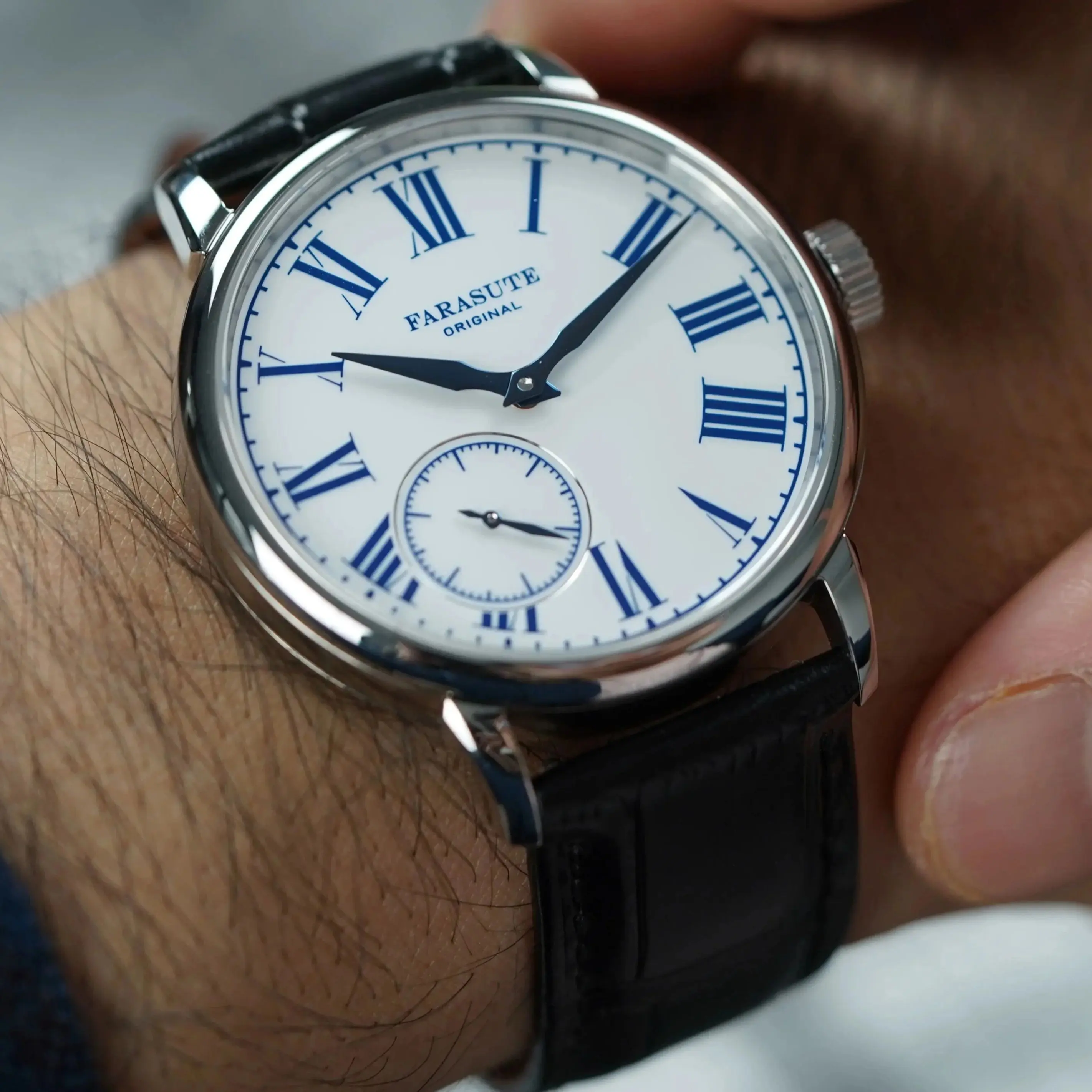 FARASUTE Men Mechanical Watch 39mm Manual Winding Wristwatch Sapphire Mirror Enamel Dial Power Reserve 80Hours Hangzhou Mov