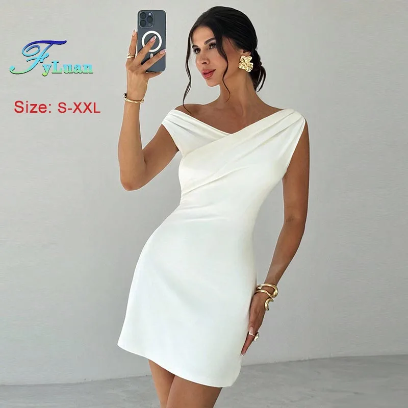 2025 moda feminina roupas vestido gola irregular sem mangas bodycon vestido branco emagrecimento mini vestido festa de aniversário vestidos de baile