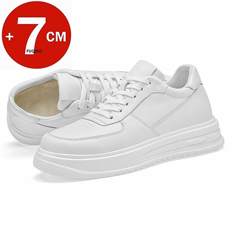 

Winter 7CM Elevator Couple Shoes Genuine Leather Height Increasing Sneakers Unisex Warm White Casual Athletic Fashion Footwear