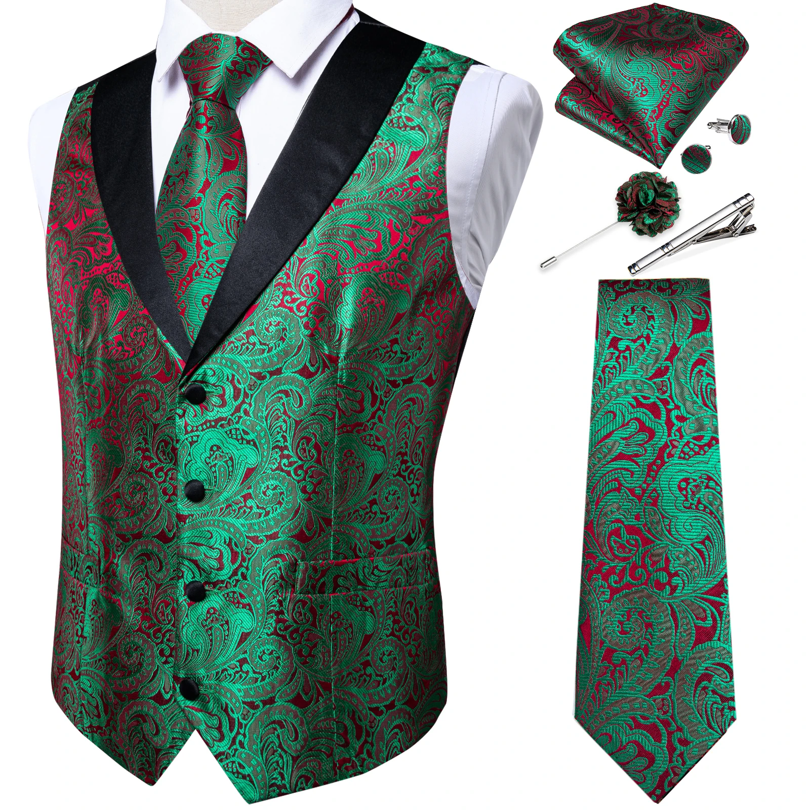 Unique Design Green Red Paisley Vest for Man Business Fashion Slim Fit Dress Men\'s Waistcoat Necktie Brooch Clip Cufflinks Set