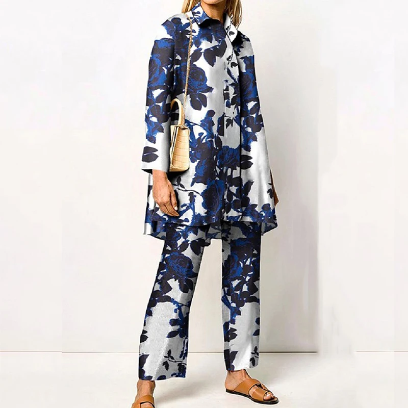 

Women Vintage Abstract Print Casual Outfits Sexy Lapel Collar Button Blouses & Long Pants Suit Spring Autumn Loose Two-piece