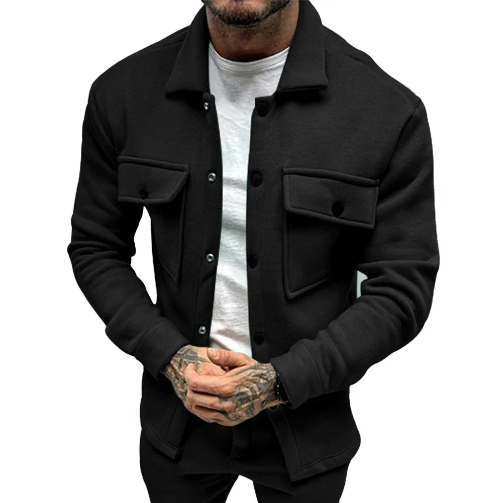 Cozy and Stylish Men's Fleece Jacket Solid Color Lapel Collar Button Up Perfect for Spring Autumn Winter Seasons