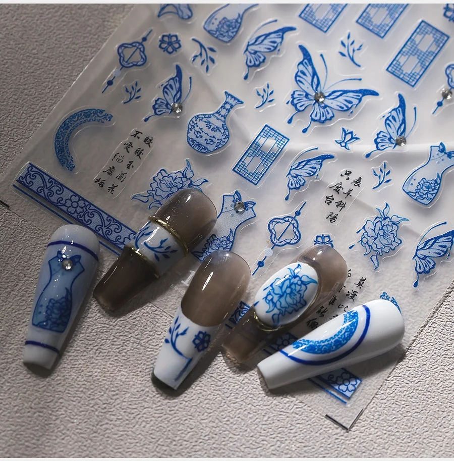 1piece 5D nail sticker high quality blue butterfly cheongsam porcelain bottle jade pendant design self-adhesive nail art sticker