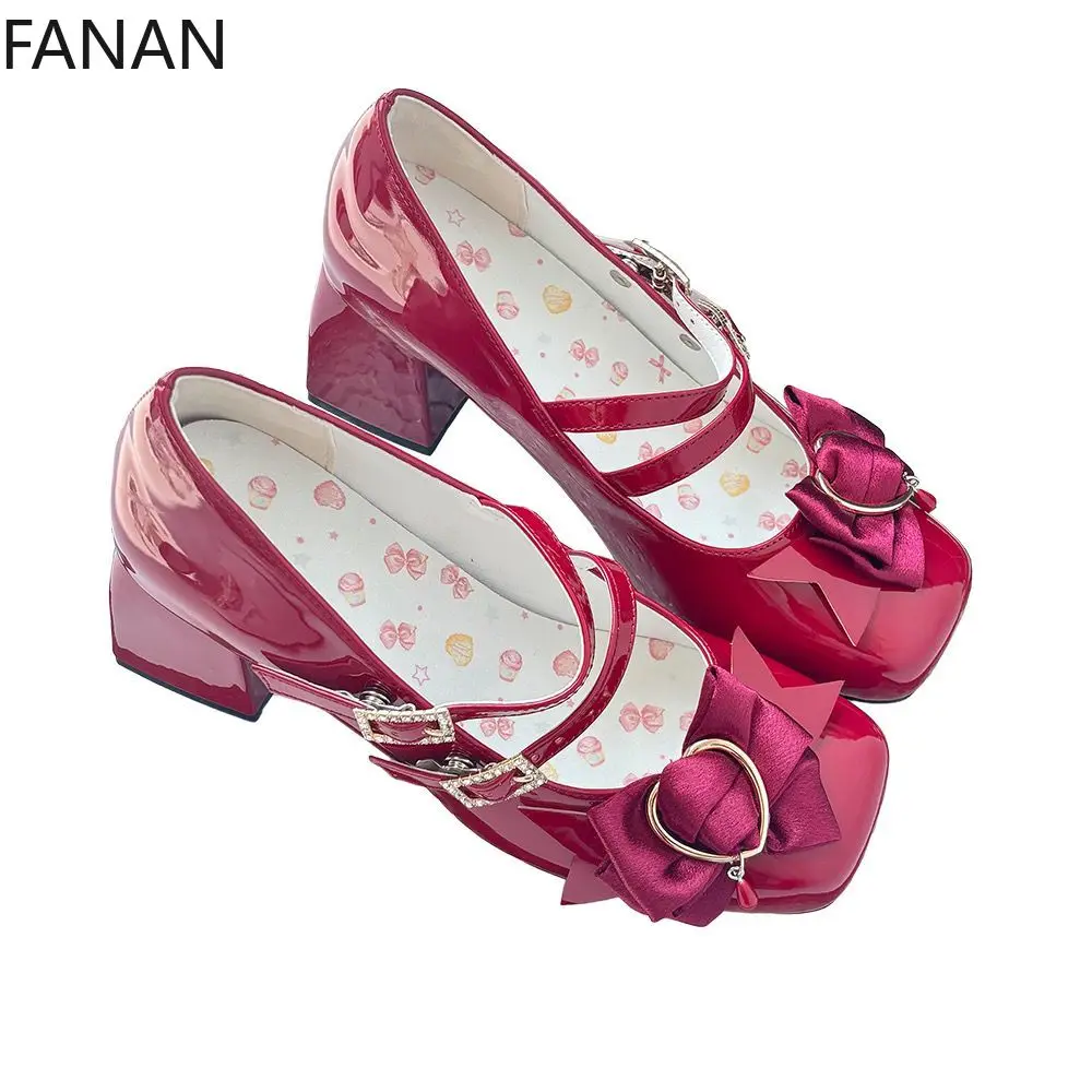Elegant Mary Jane Lolita Shoes for Women Pink Platform Leather Bowknot Mid Heel Pumps Fashion Non-Slip Flat Shoes 2525 Original
