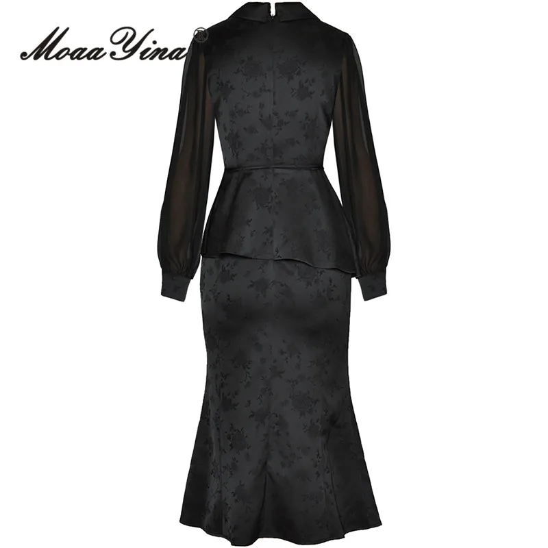 MoaaYina Autumn Fashion Runway Black Vintage Mermaid Dress Women V Neck Brooch Frenulum Ruffles Package Buttocks Slim Long Dress