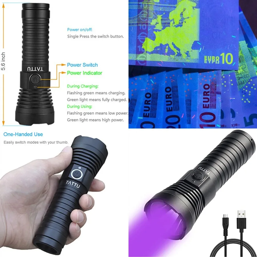 U3 UV Flashlight Rechargeable 395nm Black Light Torch Blacklight 10W Ultraviolet LED Lamp with Micro USB Charging Cable