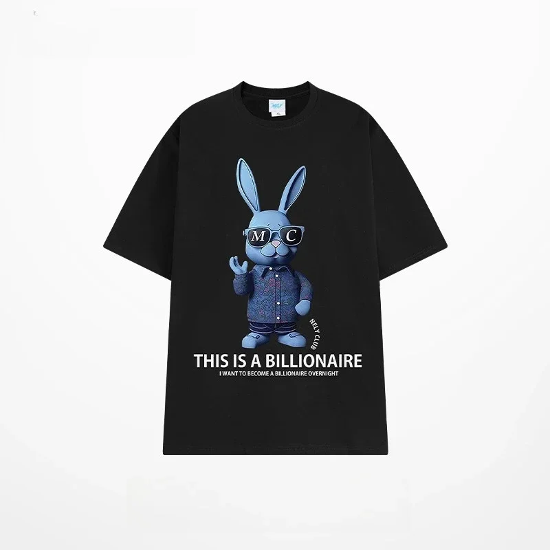

2025 Summer Men's new cartoon rabbit pattern printed 100% pure cotton short-sleeved T-shirt, trendy and loose top