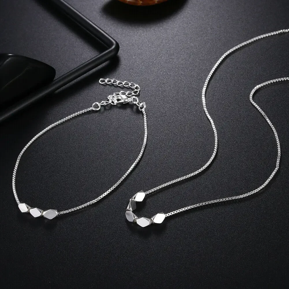 

Korean fashion 925 sterling Silver box chain bracelets neckalce for women Party wedding accessories jewelry sets Couple gifts