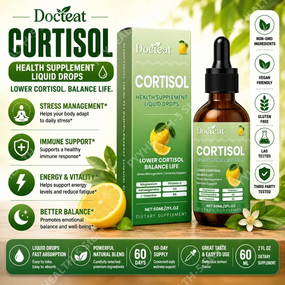 Docteat Cortisol Balance Liquid Drops with Magnesium, Ashwagandha, L-Theanine, 60 Ml Net, 30 Servings, Daily Wellness Support