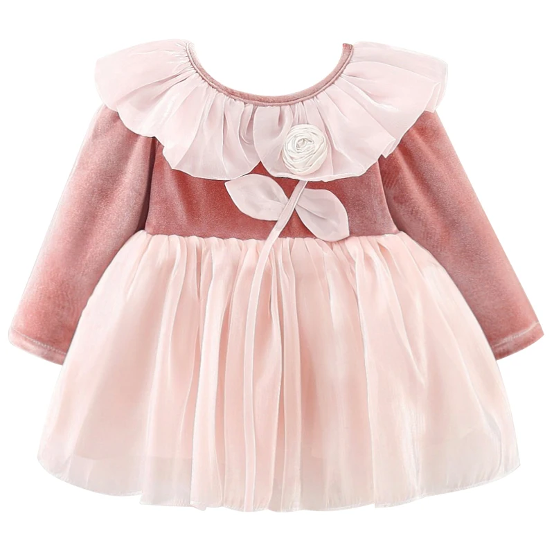 

Spring Newborn Baby Girl Clothes Korean Cute Fleece Long Sleeve Mesh Princess Kids Dresses Toddler Luxury Birthday Dress BC1596