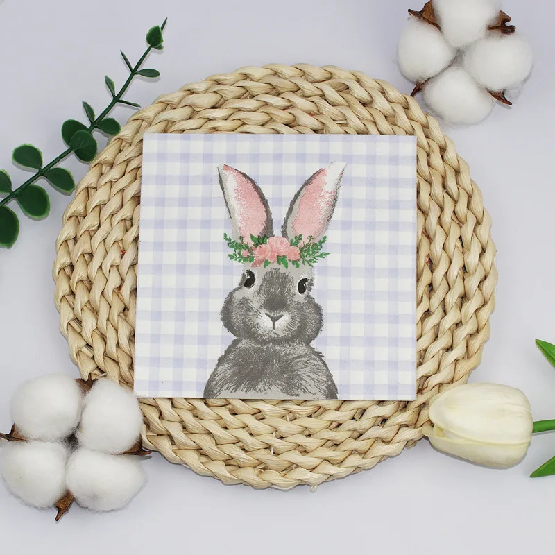 20pcs 25cm 2-Ply Easter Bunny Element Colorful Napkins Plaid Square Napkins Party Decoration Paper Placemats Pink Ears Paper