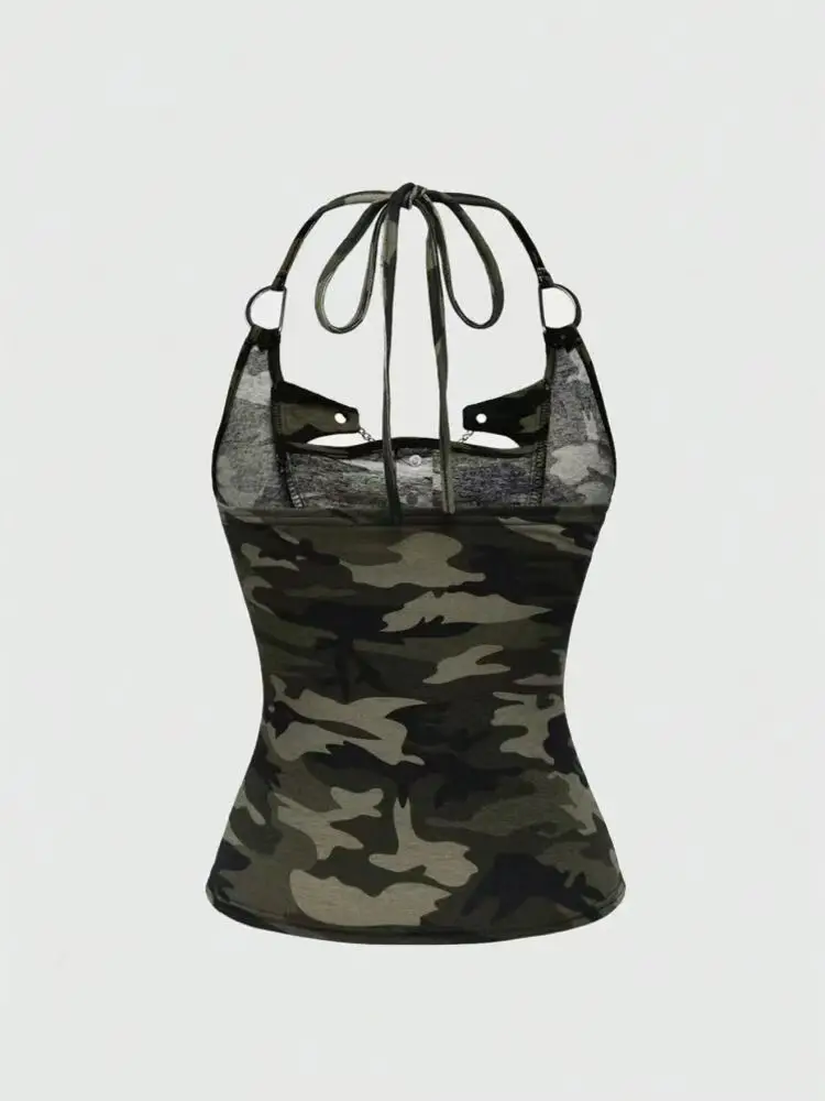 Women's Camo Halter Tank Top - Chain Detail Star Print Bodycon Streetwear Punk Sleeveless Top (Green) Y2K American style street
