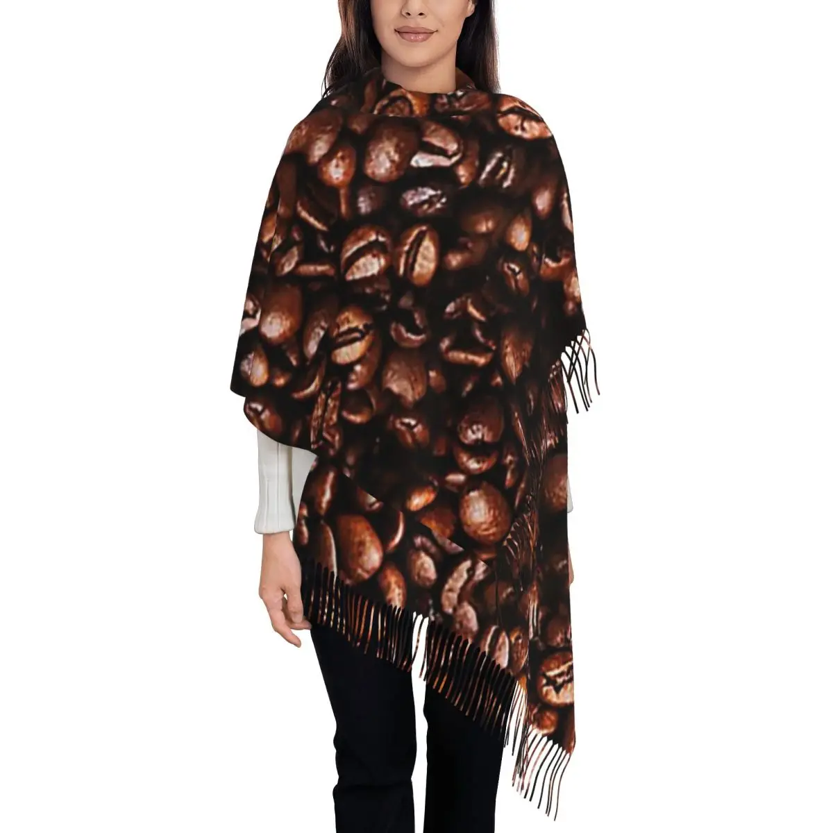 

Coffee Beans In Things Pattern Scarf Tassel Scarves for Women Soft Warm Shawls and Wraps Large Fall Winter Shawl Wrap