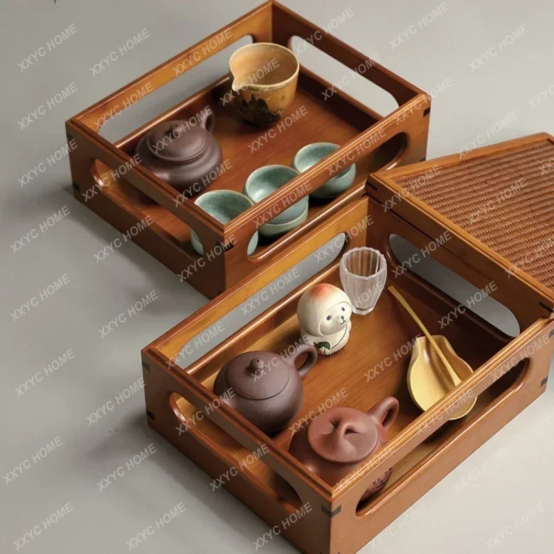 Bamboo  Kitchen Storage Tight Connection Tea Set Storage Box Stackable Desktop Tea Shed Chinese Style