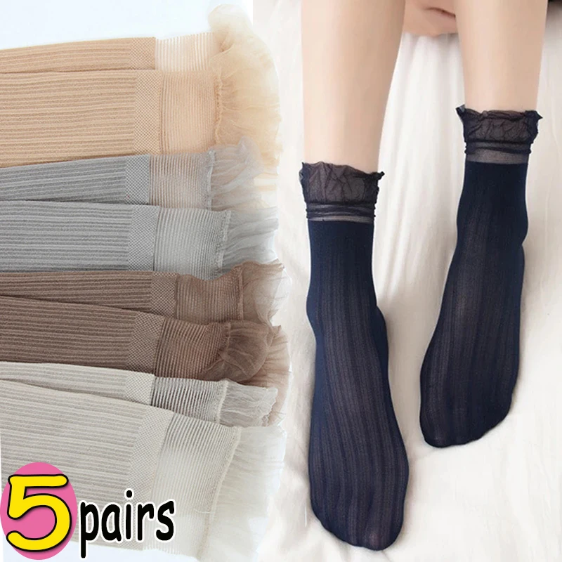 

5pairs Summer Velvet Ultra-thin Crystal Silk Socks Women Vintage Ruffled Fringe Transparent Stockings Lace Elegant Ballet Sox