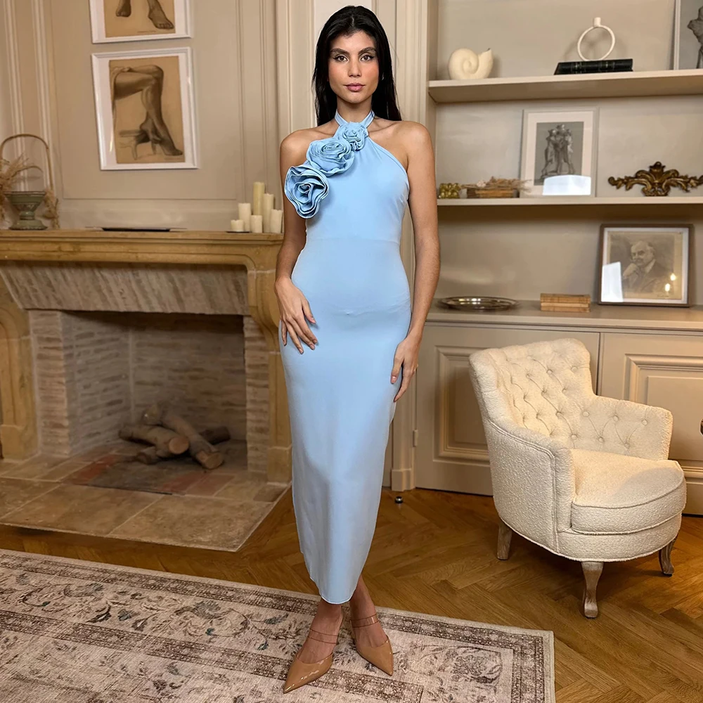 

Fashion Light Blue Halter Evening Dress Customized 3D Flowers Sleeveless Wedding Party Prom Gowns Tea Length Sexy Backless 2026