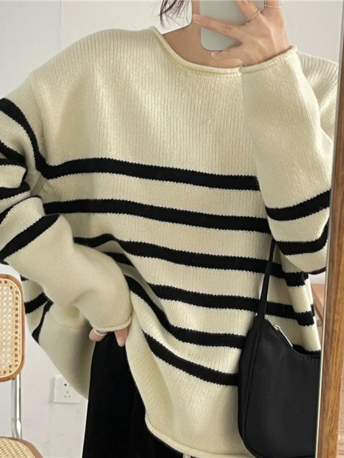 

Шикарный весенне-осенний свободный длинный свитер с круглым дизайном в полоску Ne для женщин, удобный универсальный топ Lazy Sle