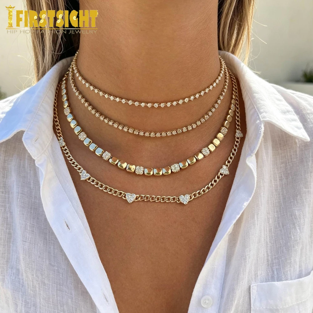 2026 New Iced Out Bling Geometric Square Necklace Cubic Zirconia Cz Luxury Cluster Tennis Chain Choker Jewelry For Women