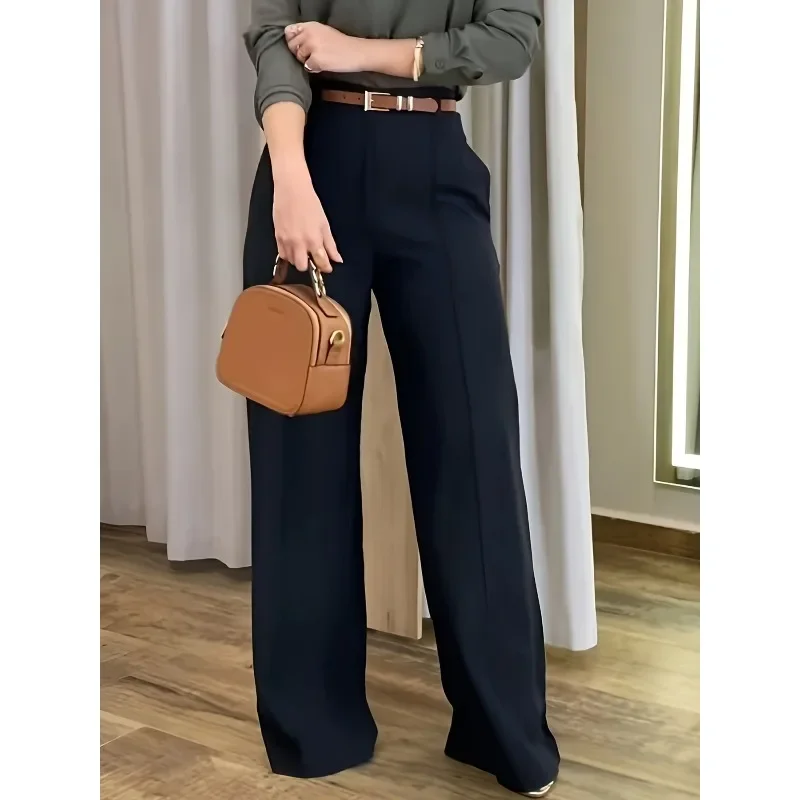 แฟชั่นเสื้อผ้าผู้หญิงไซส์ใหญ่ กางเกงสูทขายาวทรงตรงเอวสูง ผ้าพลิ้วสวยหรู สไตล์ลำลอง