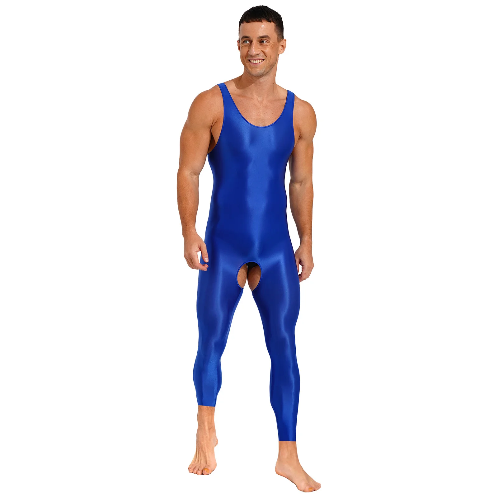 Mens Lingerie One Piece Glossy Open Crotch Tights Close-fitting Jumpsuits Solid Color Stretchy U Neck Sleeveless Bodysuit