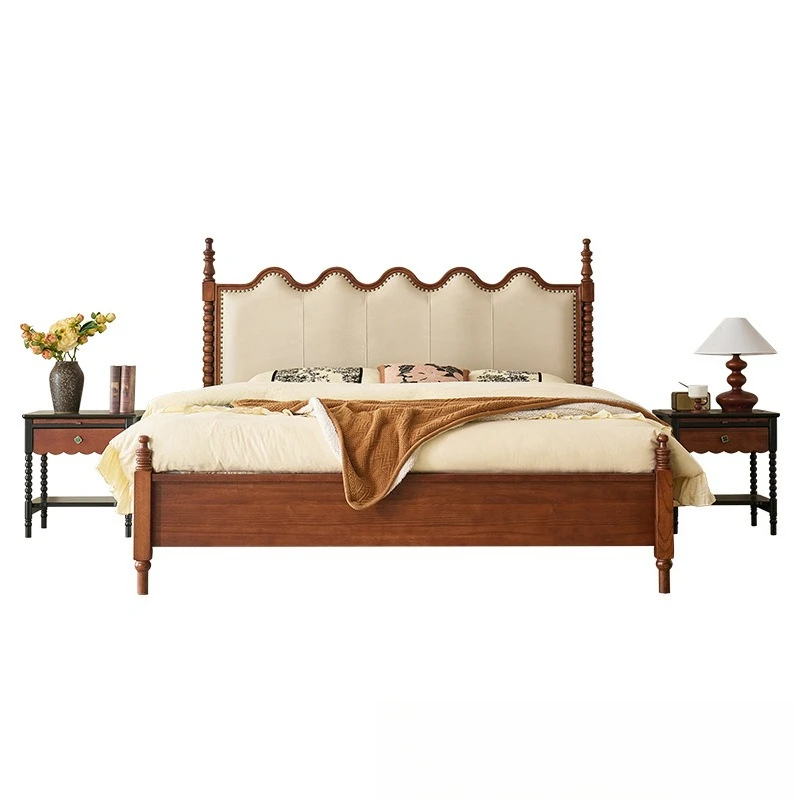 

Ash wood French retro master bedroom double solid wood bed wave ripple suede senna bed small apartment 1 meter 8 bed