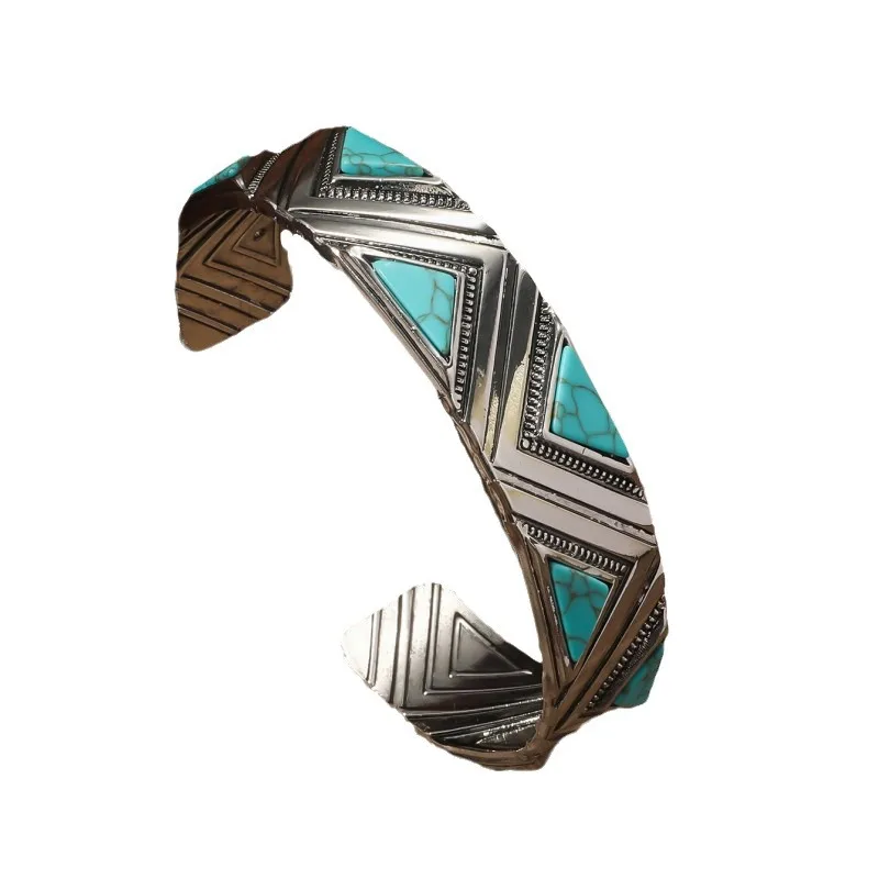 Southwest Style Cluster Cuff Statement Bracelet for Bohemian Lover Adjustable Vibrant Turquoise Engraved Geometric Cuff Bracelet