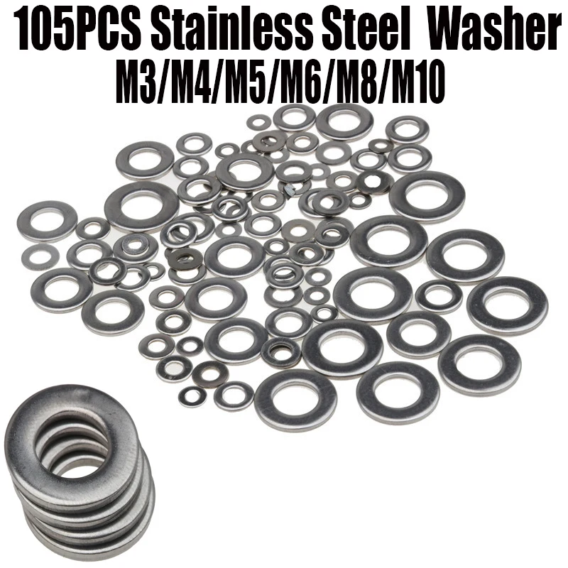 

105pcs/lot 6Sizes 304 Stainless Steel M3/M4/M5/M6/M8/M10 Flat Spring Washers Metric Flat Gasket Plain Washers Kit Assortment