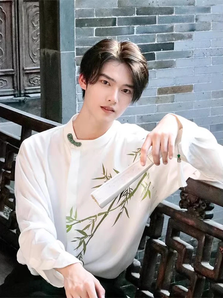 

New Chinese Sle Men's Long Sve irt Bamboo Print Zen Spirit Loose Fit Ox Cloth Autumn Wear Polyester Fiber T-irt