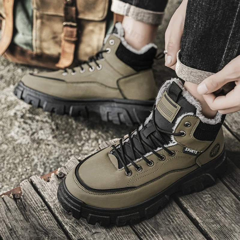 

Height Increase Men's Work Shoes Winter New Trend Plush Thicken Warm Cotton Shoes Vintage Fashion Lace Up Platform Short Boots