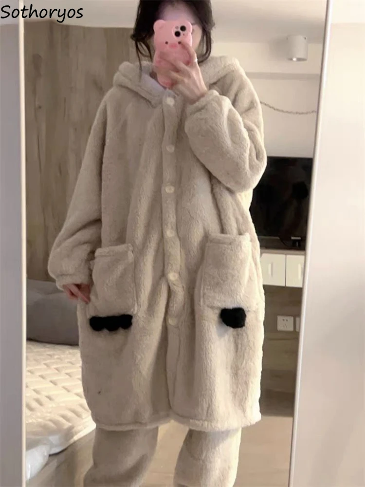 

Winter Pajama Sets Women Hooded Basics Lovely Attractive Students Nightwear All-match Warm Prevalent Korean Style Vintage Cozy