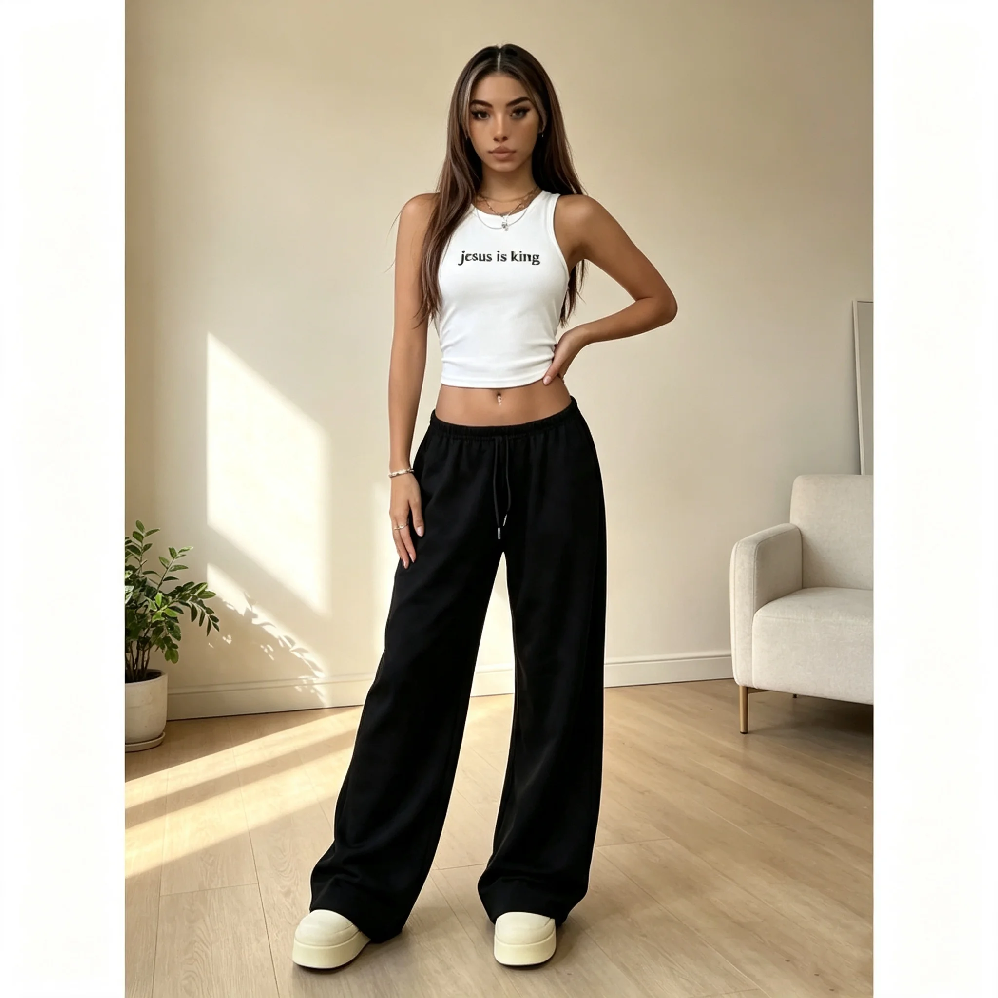 Fashionable Casual Cool Two-Piece Set Letter-Printed Short Sleeveless Vest with Black Wide-Leg Pants Niche Designed