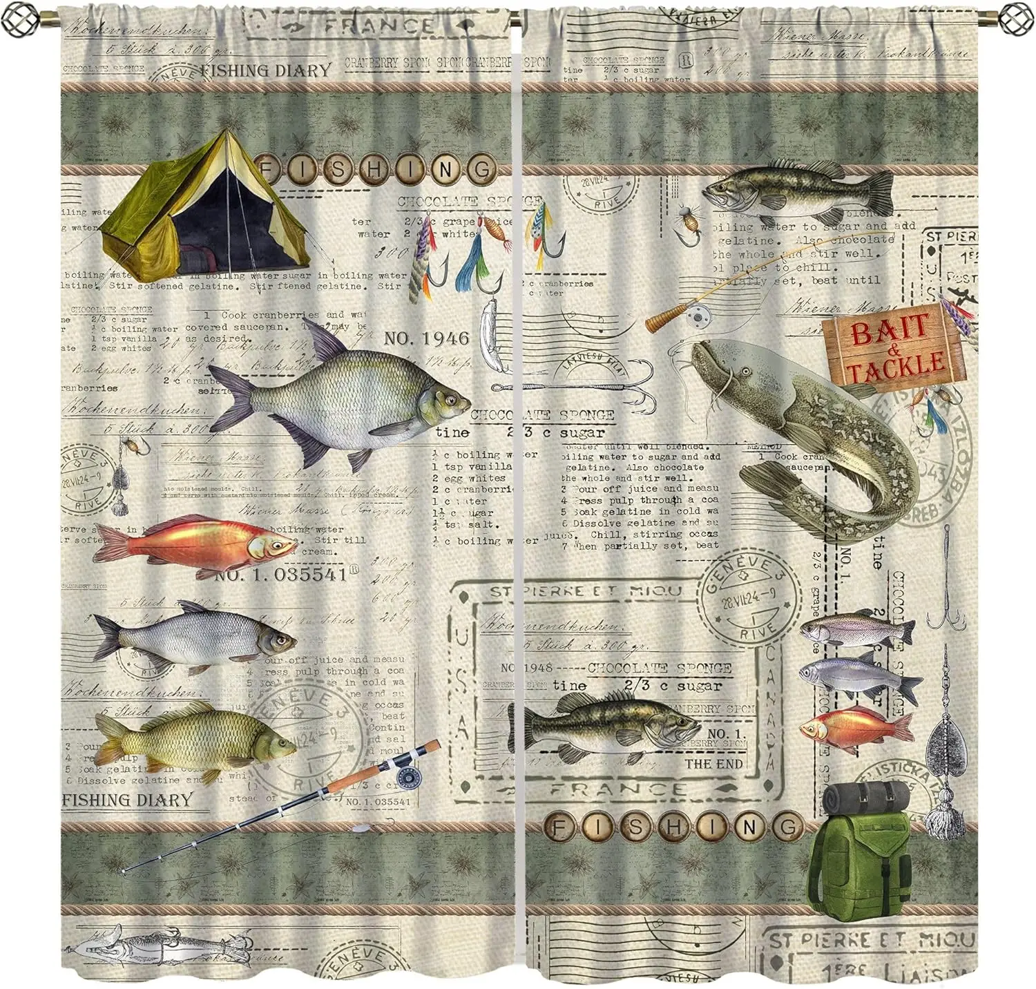 Rustic Fishing Curtains, Vintage Hunting Forest Lodge Old Newspaper Bass Fishing Gear Window Drapes for Bedroom Living Room