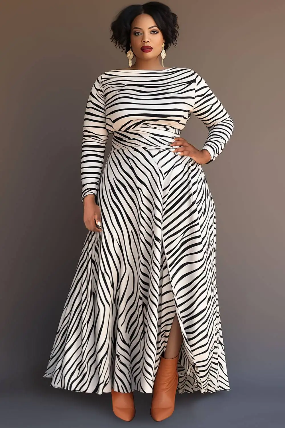 Plus Size Business Casual White Water Ripples Round Neck Long Sleeve Split Knitted Maxi Dresses