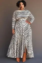 Plus Size Business Casual White Water Ripples Round Neck Long Sleeve Split Knitted Maxi Dresses