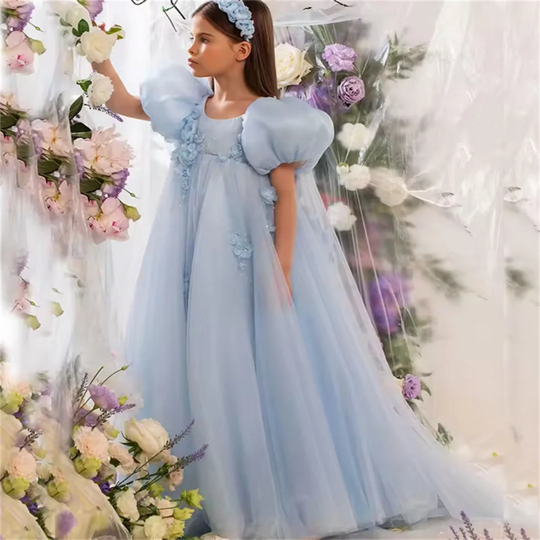 Vestidos florais árabes rosa personalizados para meninas, cristal com capa, flores 3d, mangas bufantes para crianças, casamento, festa de aniversário