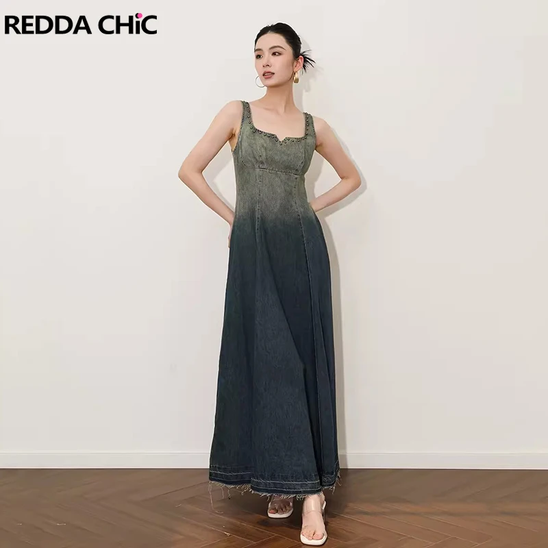 ReddaChic Ombre Raw Edge Maxi Long Denim Dress Women Gradient Studded Patchwork Sleeveless Shirring Tank Dress Vintage Clothes