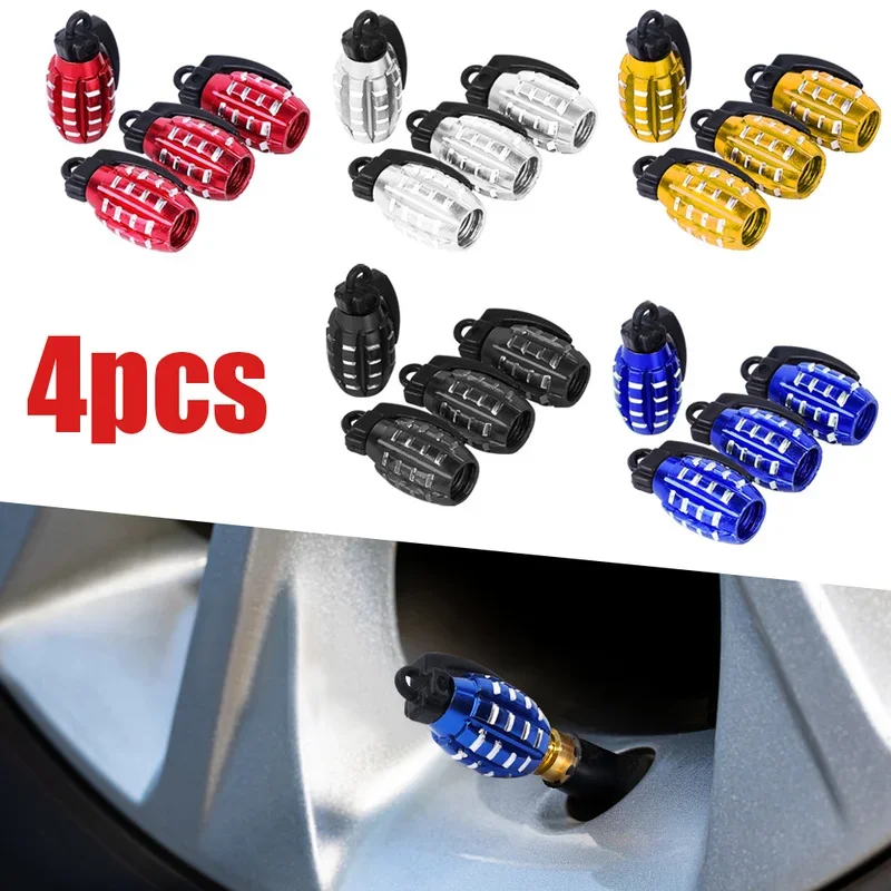 4pcs Fashion Car Tire Valve Caps Grenade Styling Alloy Metal D Ustproof Cap Motorcycles Bike Valve Nozzle Cover Tire Accessories