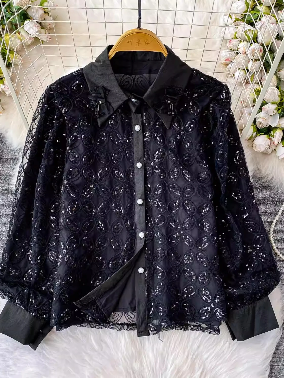 

2026 New Autumn Women Turndown Collar Long Sleeve Shirt Heavy Work Sequin Decoration Single Breasted Solid Mesh Shirt Tops