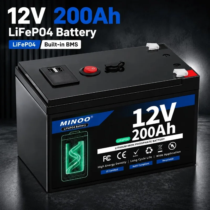 12V 200Ah LiFePO4 Solar Battery Deep Cycle Rechargeable Built-in BMS Lithium 200000mAh for Power Wheels Scooters Fish Finder