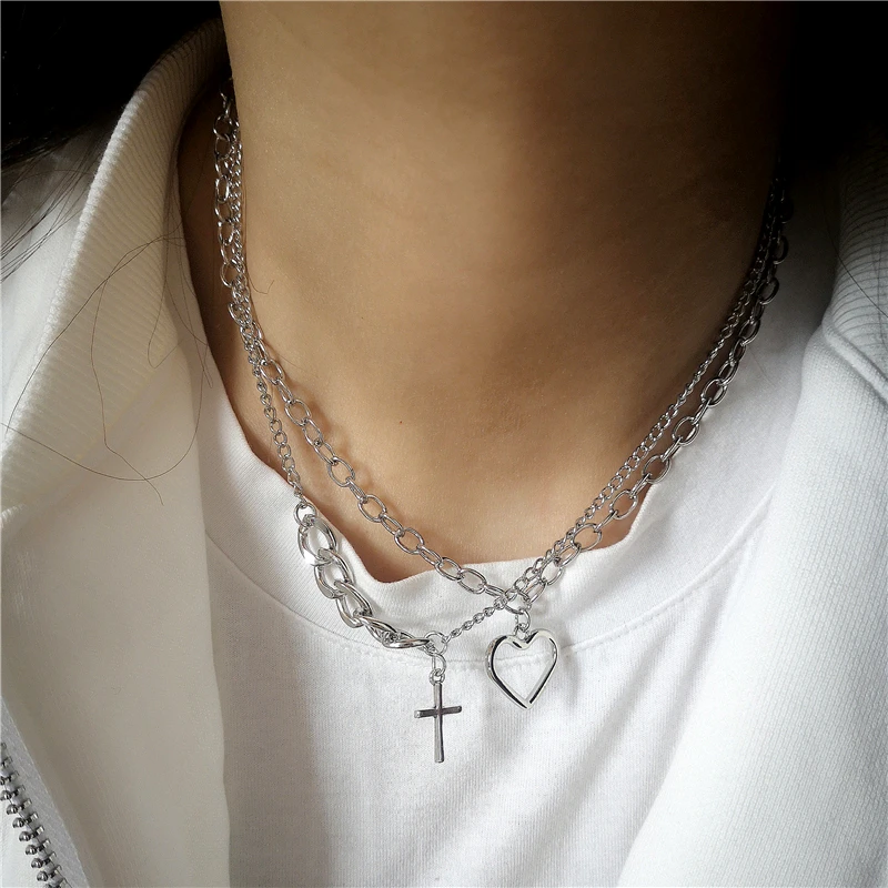 Kpop Goth Silver Color Heart Cross Pendant Chain Necklace For Women Men Egirl Y2K Cool EMO Punk Aesthetic Grunge Jewelry Gifts