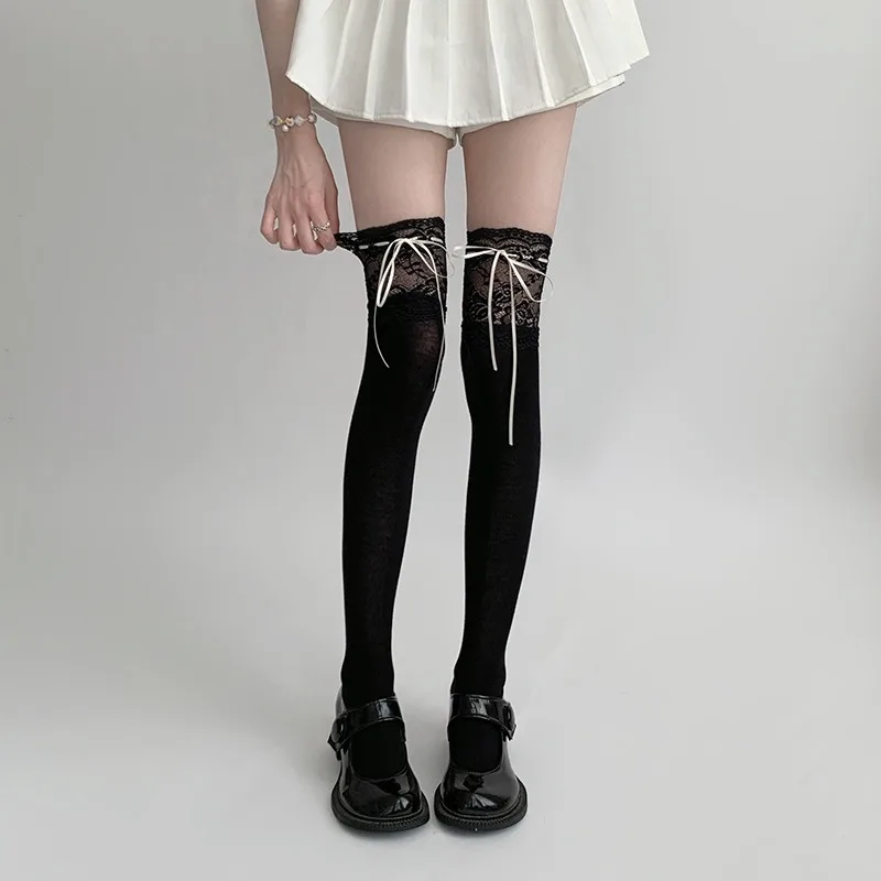 Girls Lolita Velvet Stockings White Knee Length Stockings Lace Splicing High Tube Sock Ribbon Bowknot Long Socks Women