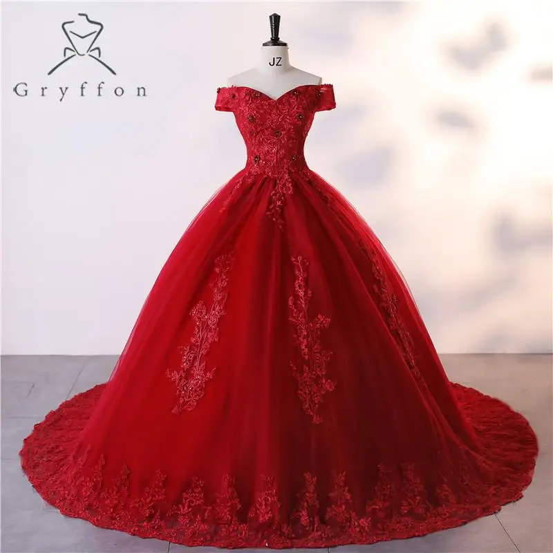 Nieuwe Dark Red Quinceanera Jurken Classic Off Shoulder Baljurk Luxe Lace Party Jurk Zoete Bloem Prom Dress Real Photo