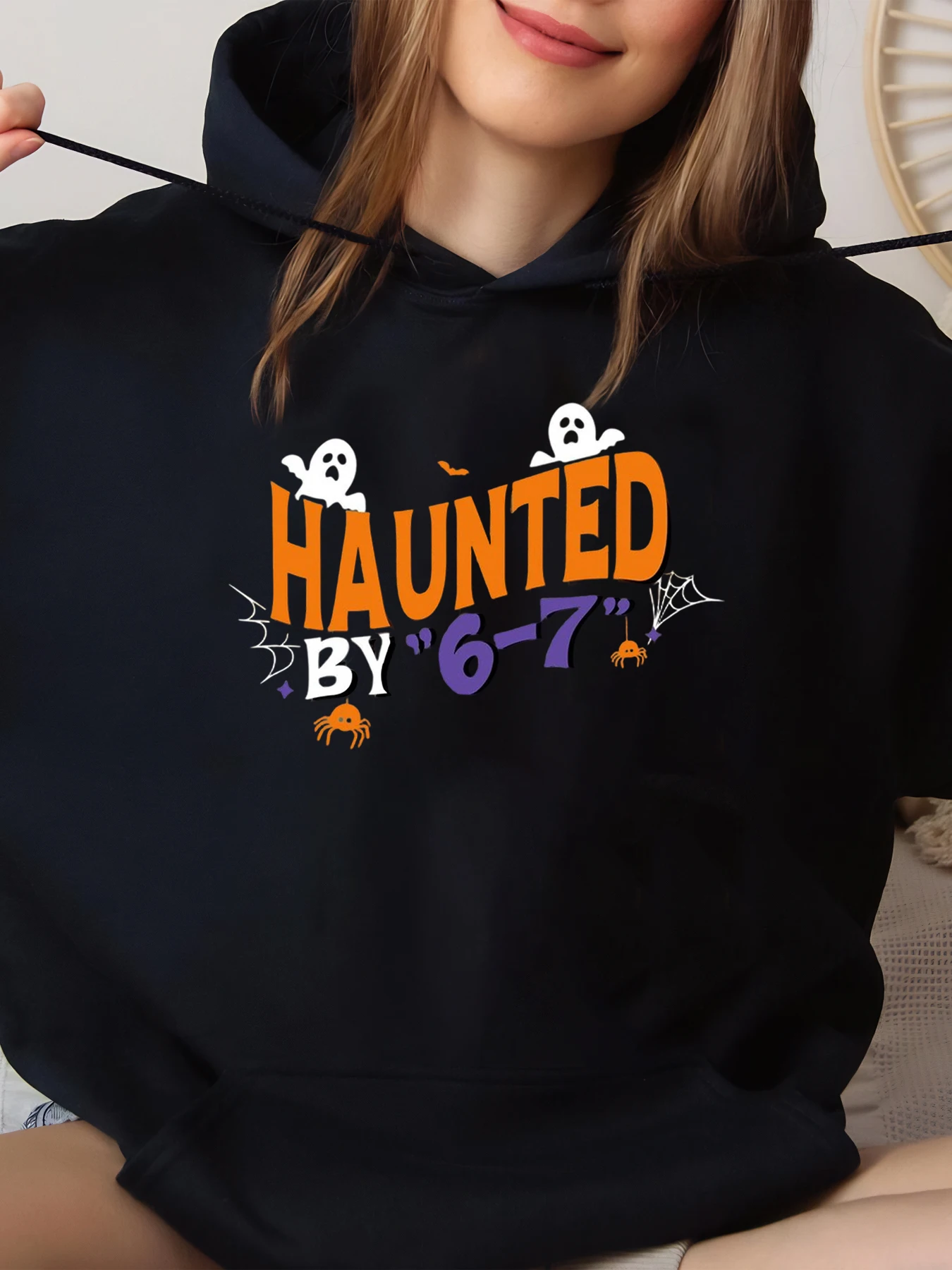 

Haunted by 6-7 Ghosts and Spiders Halloween Print Hoodie Women's Casual Wear Black Big Size