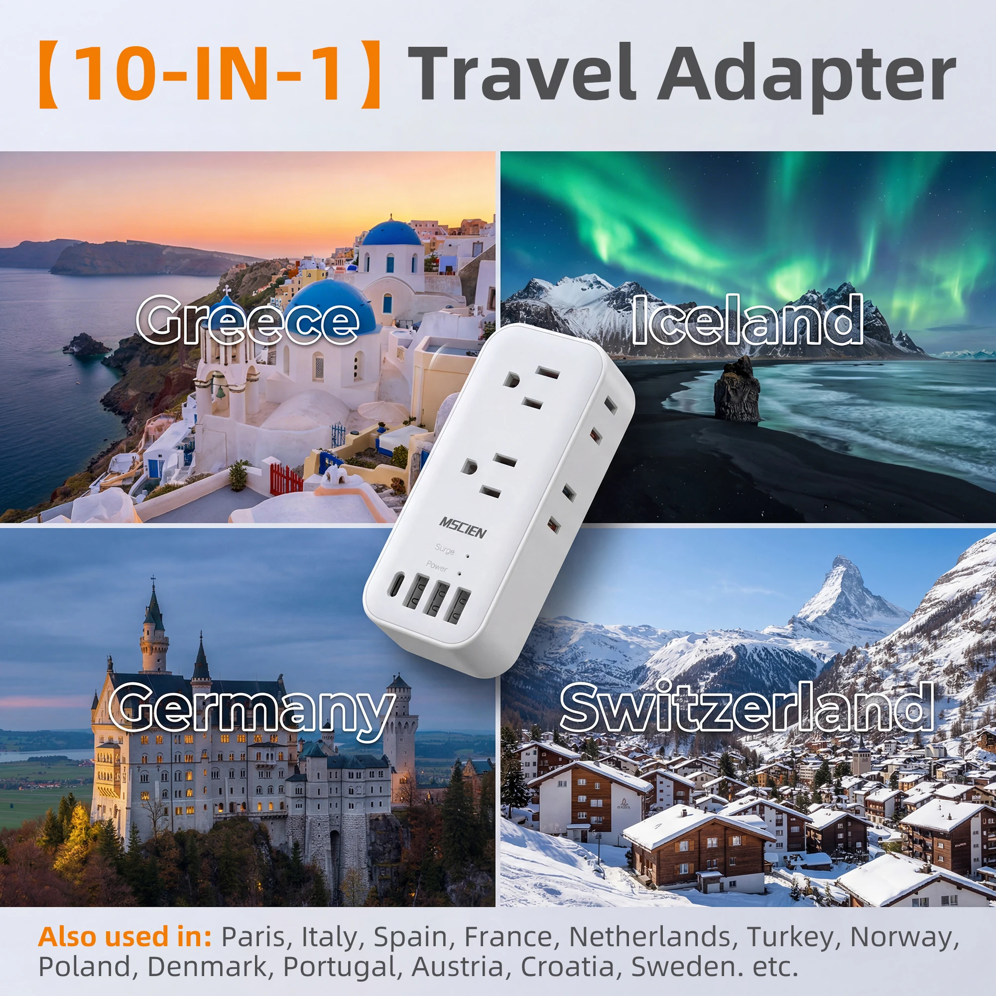 European Travel Plug Adapter, 6 AC Outlets & 4 USB Ports (1 USB C), Compact US to Europe Power Strip, Overload Protection