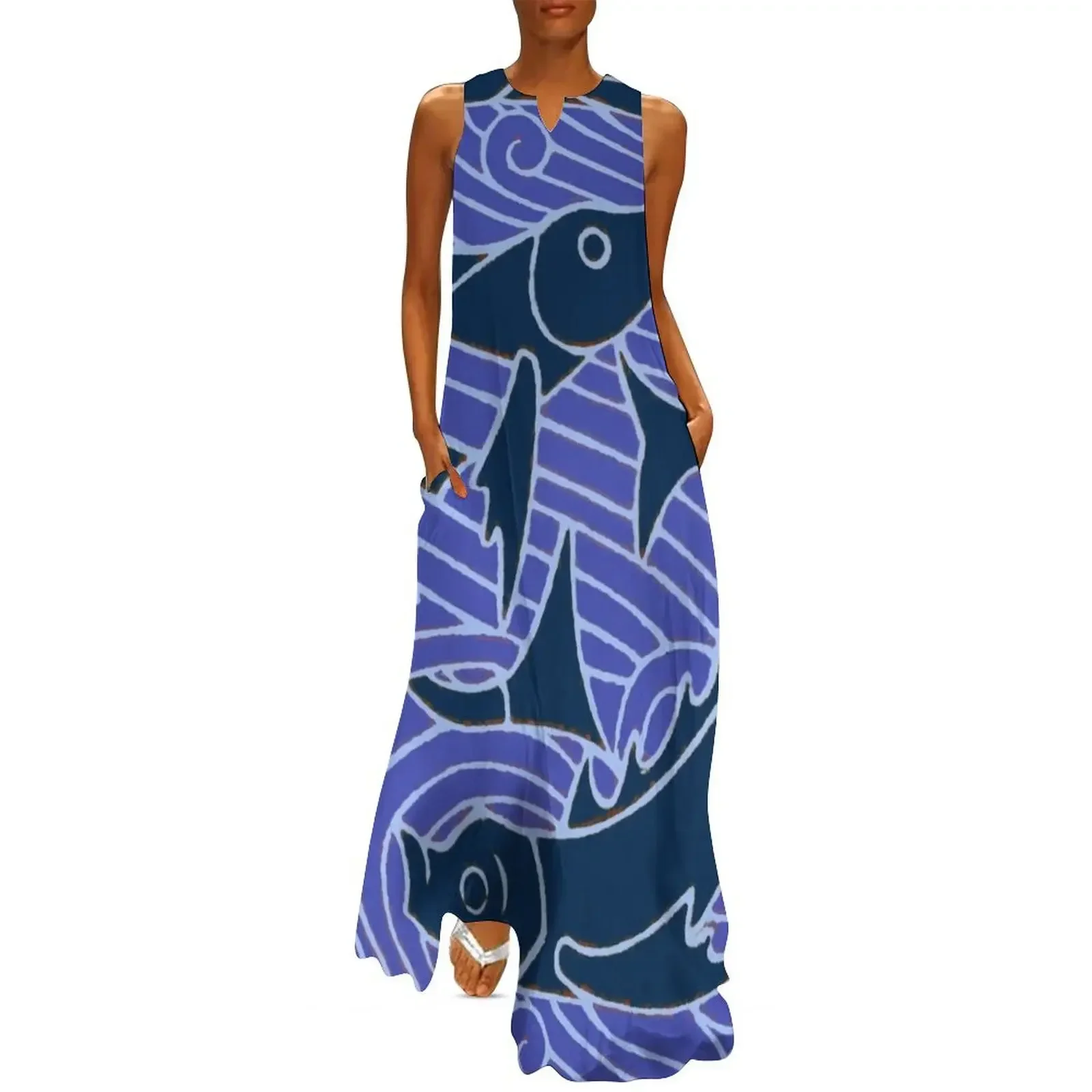 

Blue fish Swimming Waves swimming art graphic design Long Dress Summer women's clothing Dress
