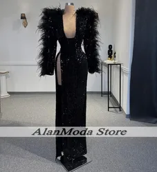 Black Evening Dresse Long Sleeves Sequin High Split Prom Gowns Feathers Party Outfit Mermaid Wedding Guest Dress Customized